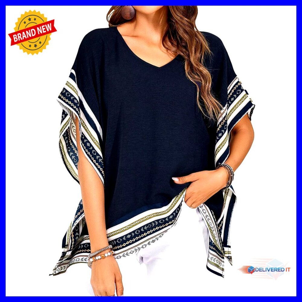 Oversized Batwing Sleeve V Neck Blouse Boho Flowy Side Slit Casual Top